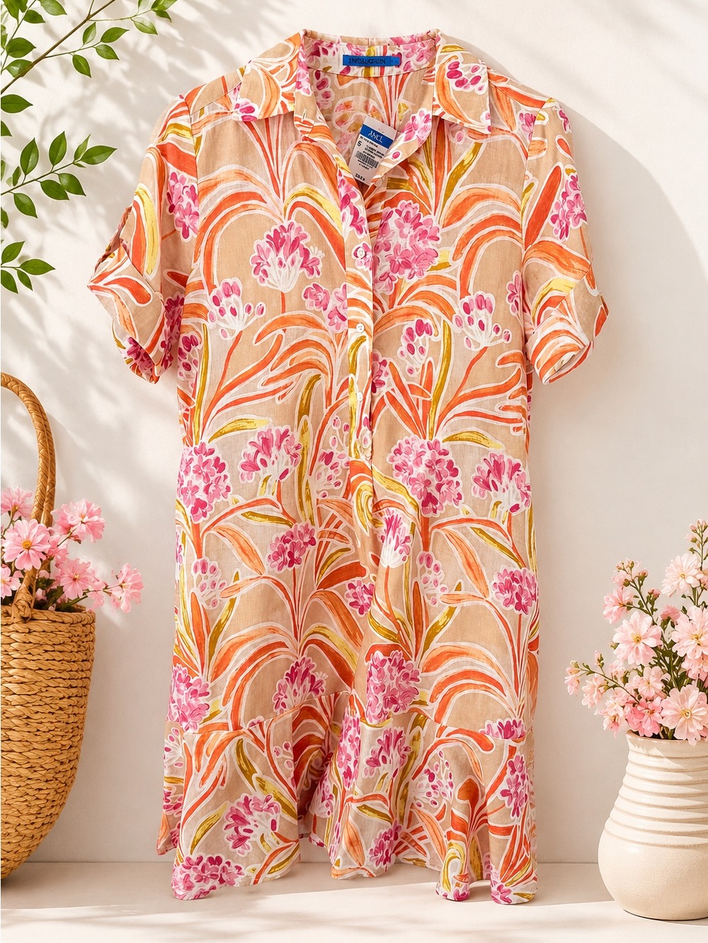 NWT J. McLaughlin Wellesley Printed 100% Linen  Preppy Short Sleeve Shift Dress